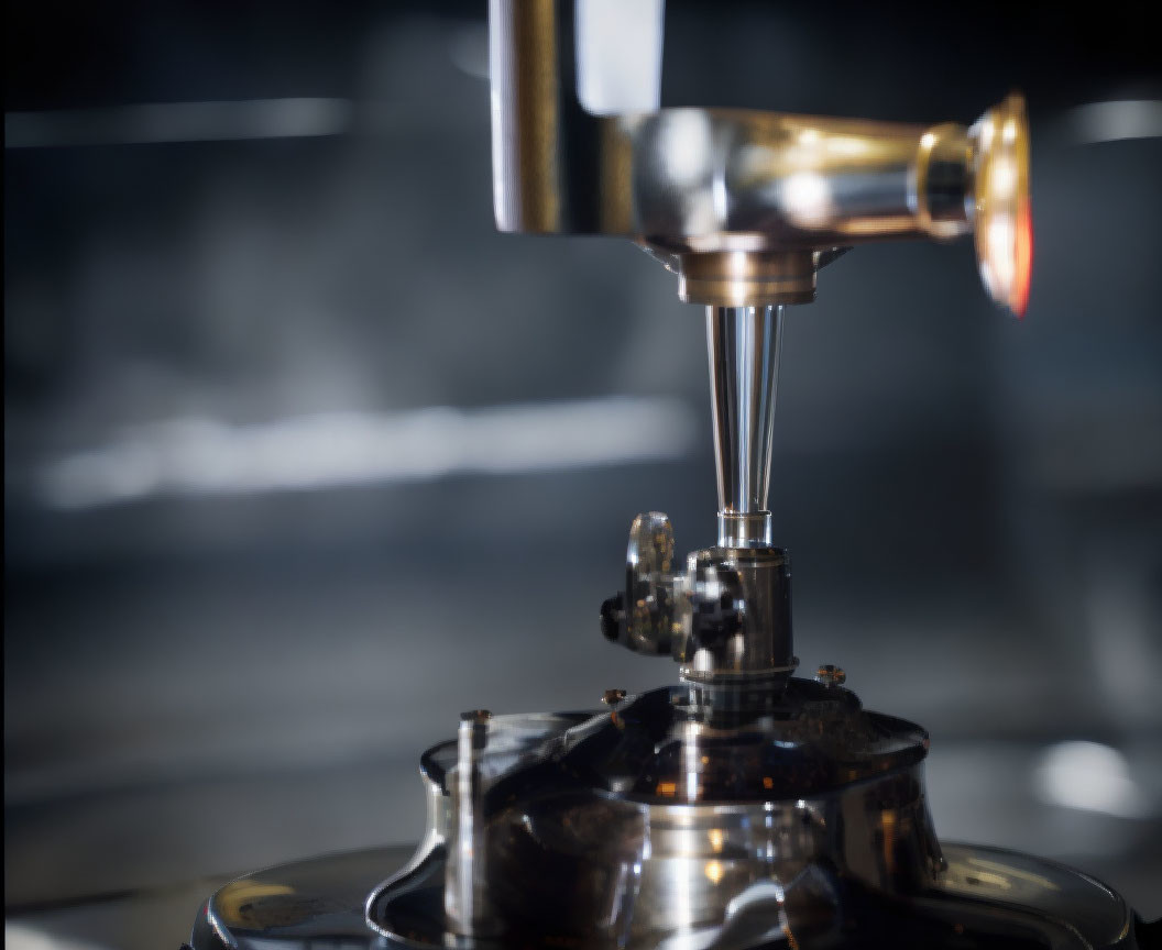 Detailed view of turntable tonearm and needle above record, showcasing cartridge and stylus.