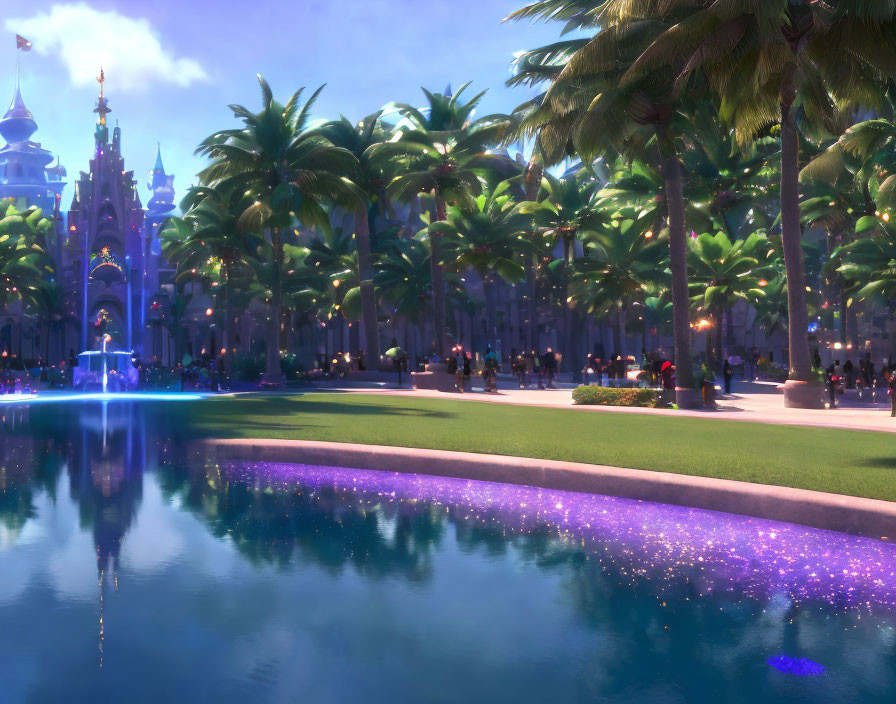 Fantasy castle at twilight with reflection, palm trees, and people.