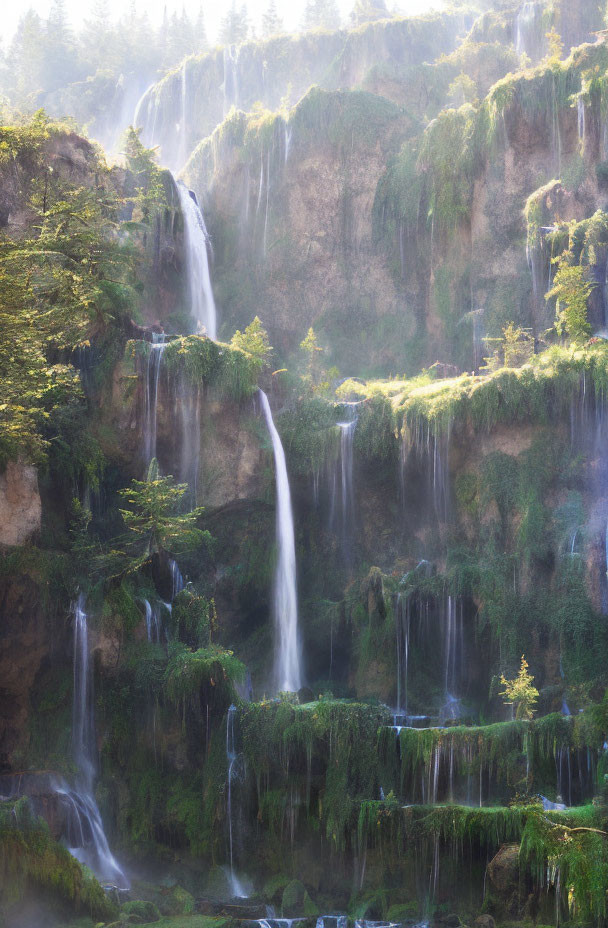 Tranquil multi-tiered waterfall in lush greenery