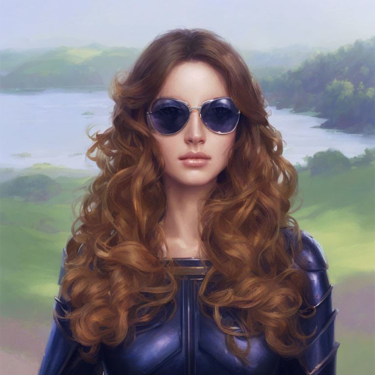 Woman with Curly Hair in Sunglasses and Blue Leather Jacket Against Serene Landscape