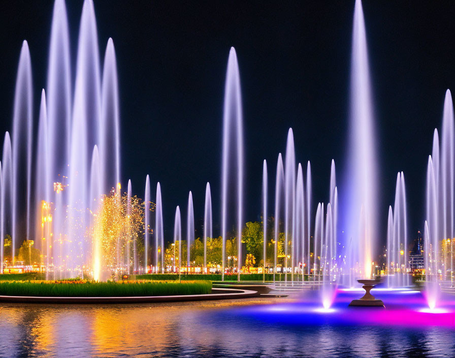 Vibrant purple and yellow illuminated fountains at night