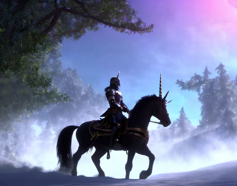 Knight riding unicorn in mystical forest with fog and colorful sky