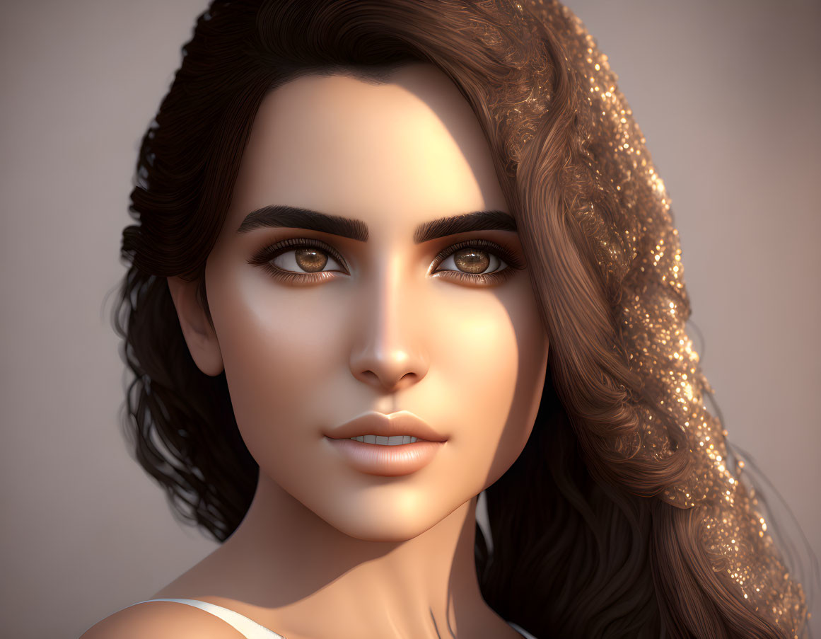 3D-rendered image of a woman with dark hair and brown eyes