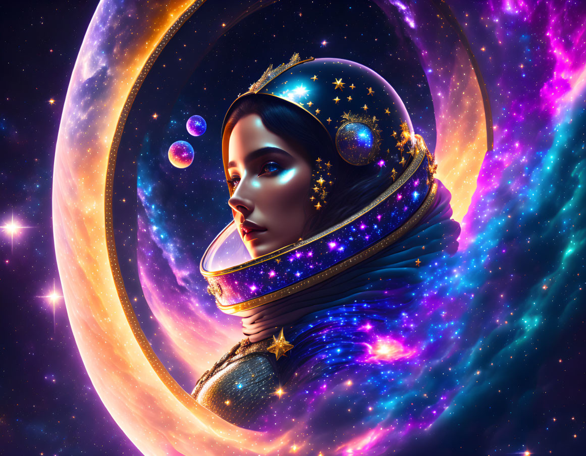 Cosmic-themed digital artwork of a woman's face in helmet