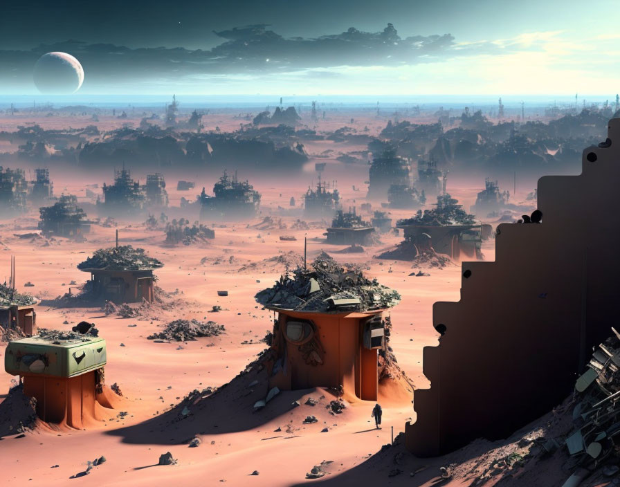 Desolate futuristic landscape with crumbling structures in vast sand dunes