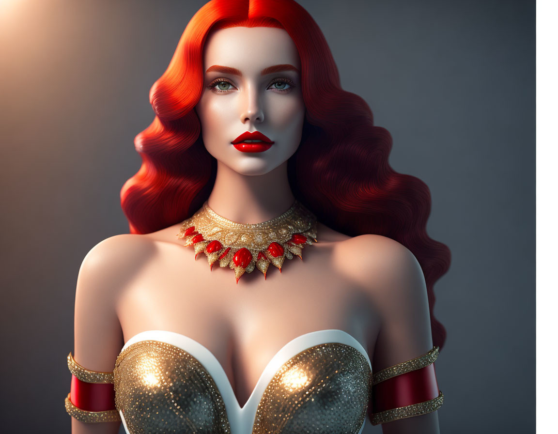 Vibrant red hair, bold lipstick, gold dress - 3D rendered image