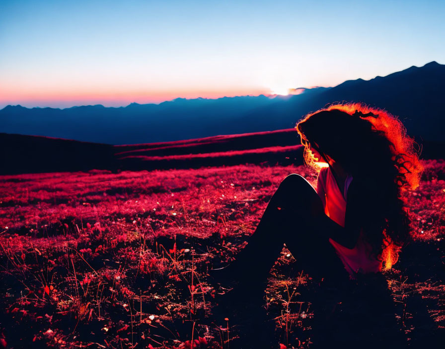 Silhouette of person in pink-hued grass field at sunset with mountains.