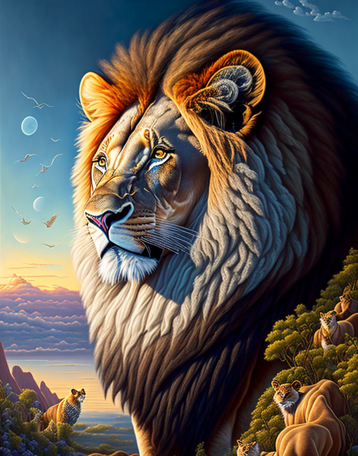 Surreal lion illustration with integrated landscape scene