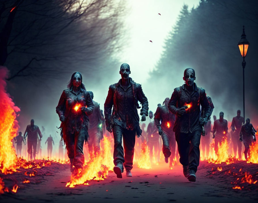 Three people in zombie makeup running through misty, flame-lined path