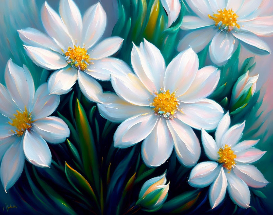 White Daisy Flowers Painting with Golden Yellow Centers on Green and Blue Background