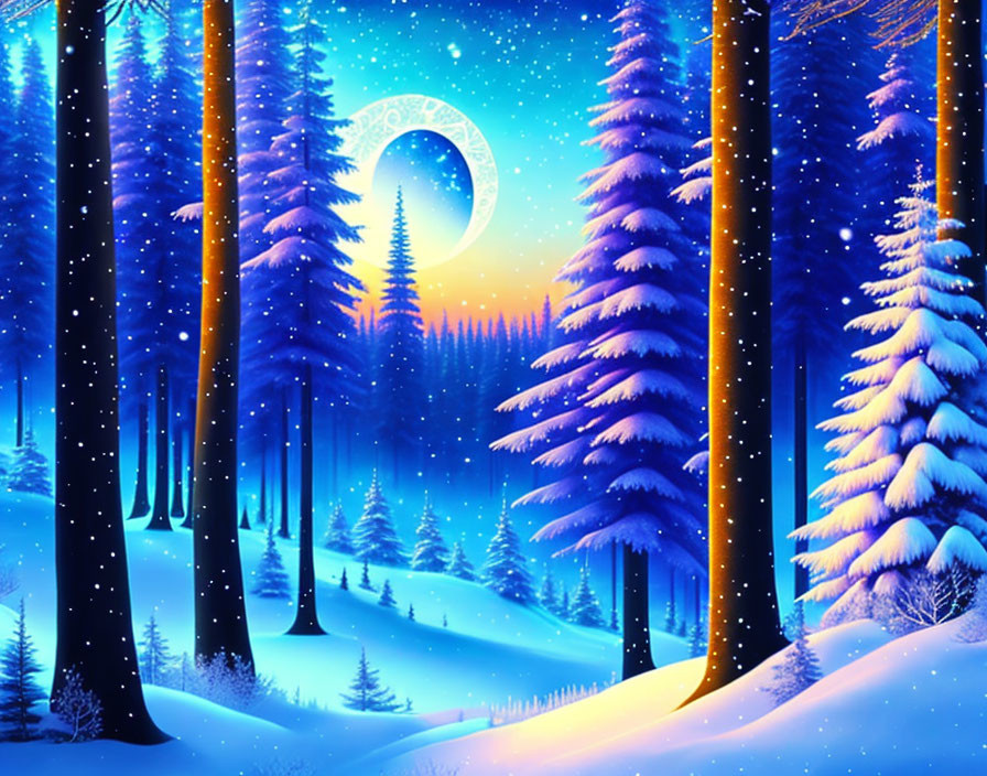 Snow-covered trees under glowing full moon in serene winter night