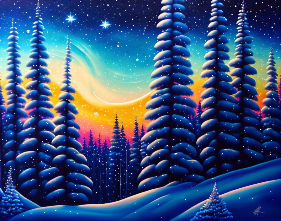 Snow-covered pine trees under starry sky with glowing comet: magical winter scene