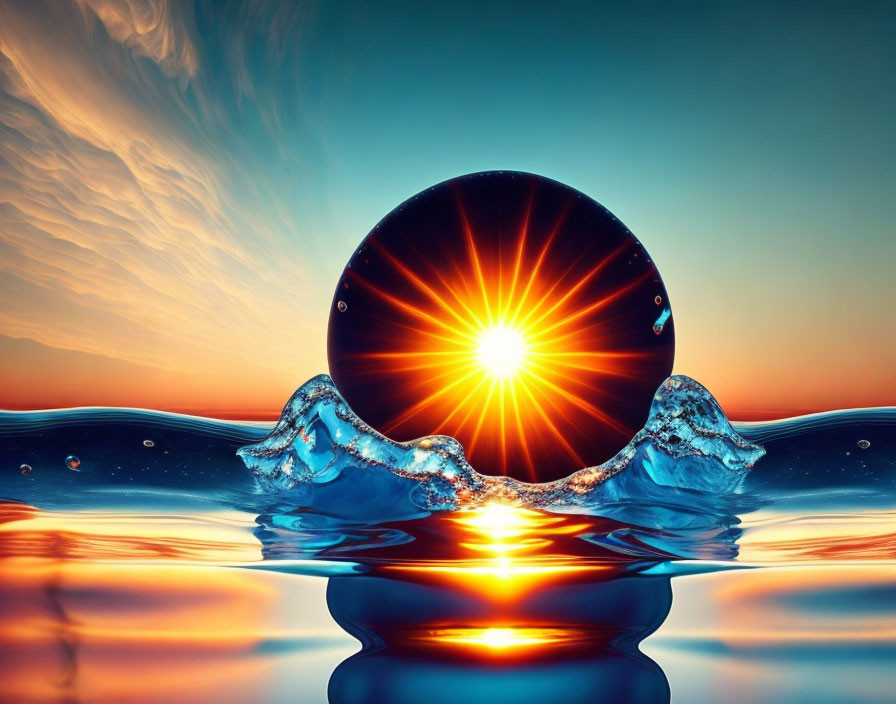 Sunset Reflection on Tranquil Sea with Crystal Ball and Waves