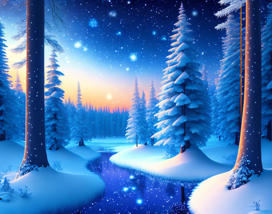 Snow-covered trees, meandering stream, starry sky, and warm sun glow in serene winter scene