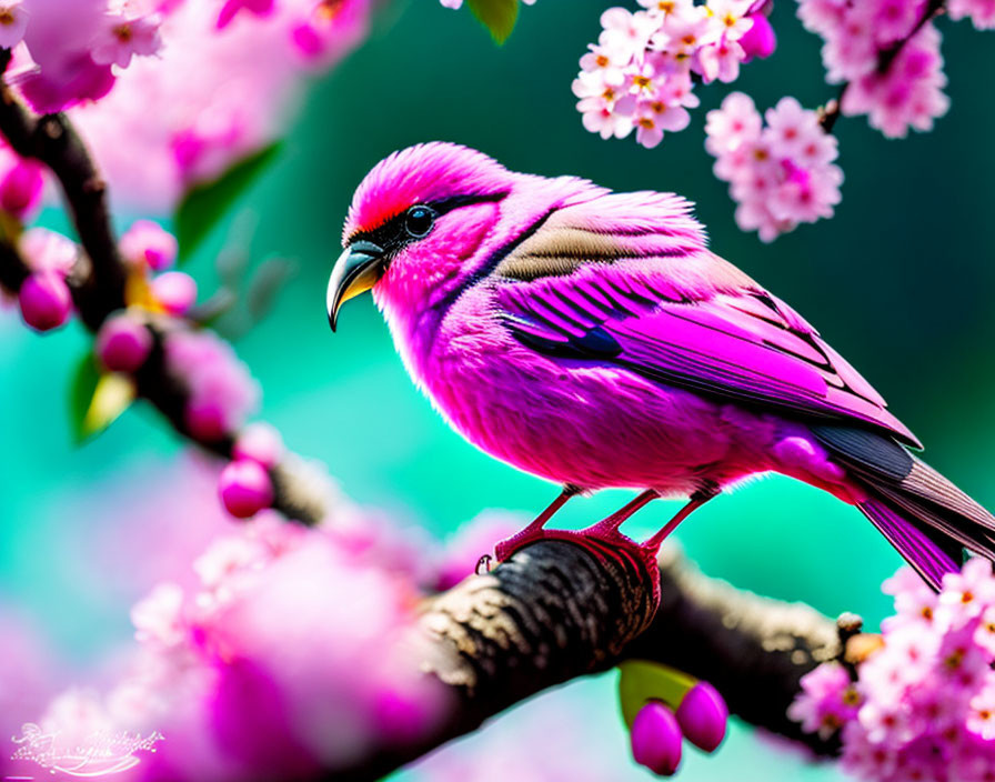 Pink bird with crest on branch in pink blossoms on teal background