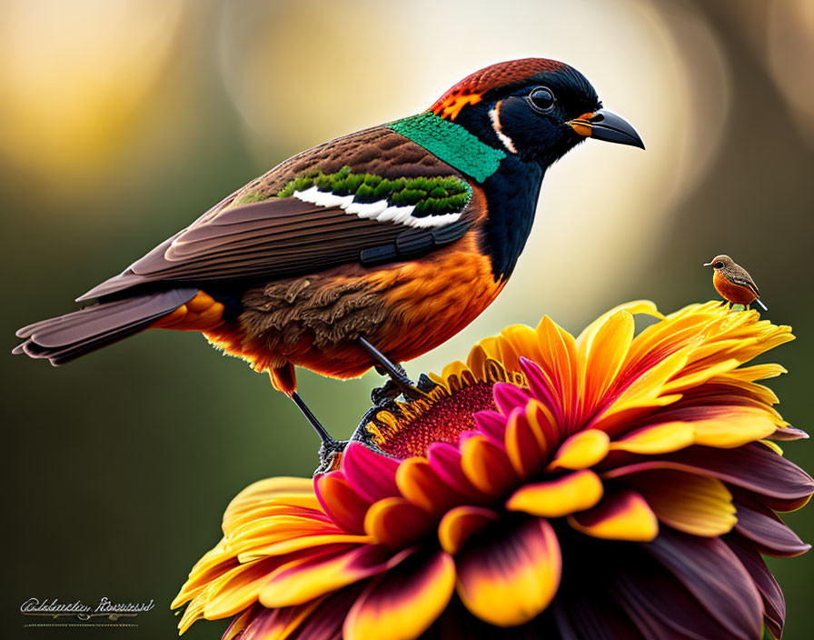 Vibrant bird on flower with small bird in background and bokeh effect