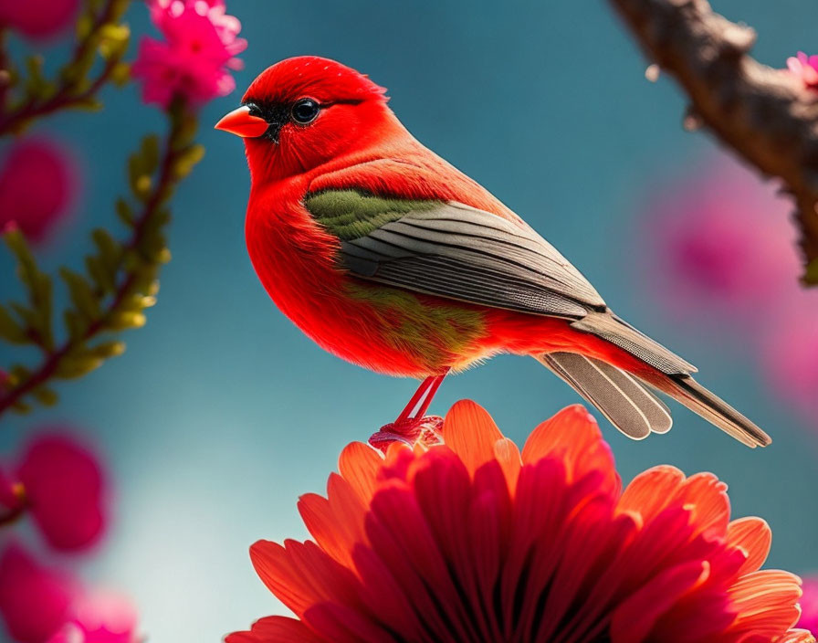 Vibrant red cardinal bird perched on flower with blue and pink blossoms