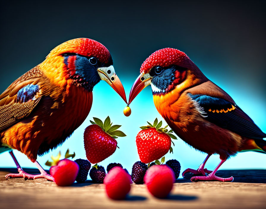 Colorful Birds Sharing Seed with Strawberries on Wooden Surface