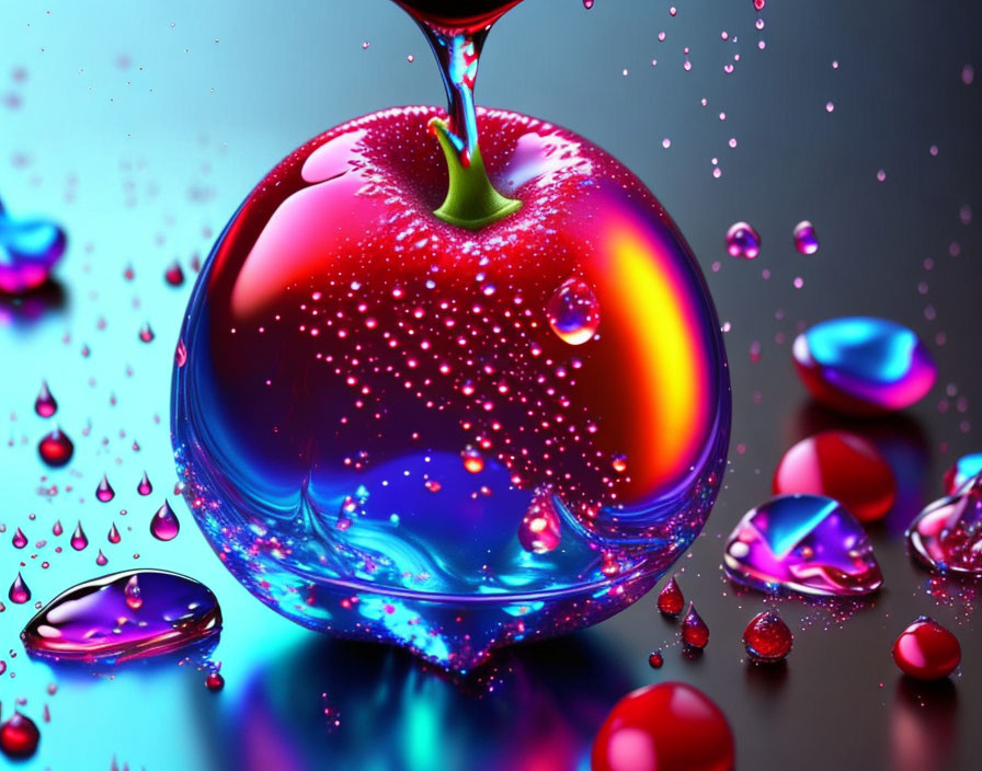 Vibrant 3D render of glossy apple in transparent bubble surrounded by droplets