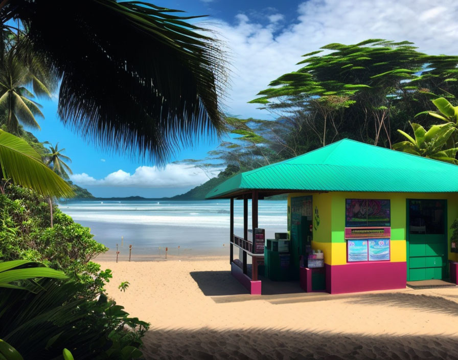 Turquoise-roofed beach shack on sandy beach with lush trees