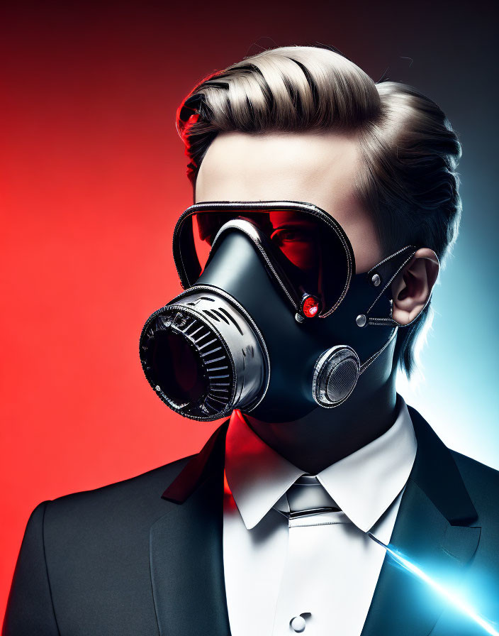 Fashionable individual in gas mask and sunglasses on red and blue background.