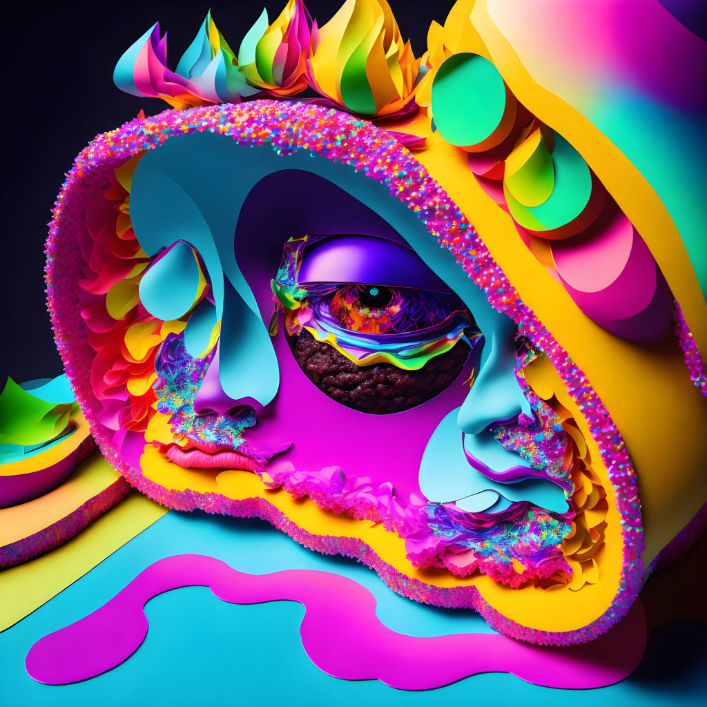 Colorful surreal digital artwork: Vibrant face with rainbow sunglasses