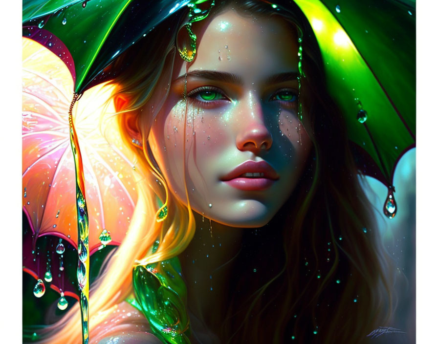 Woman with Green and Pink Iridescent Butterfly Wings and Ethereal Glow