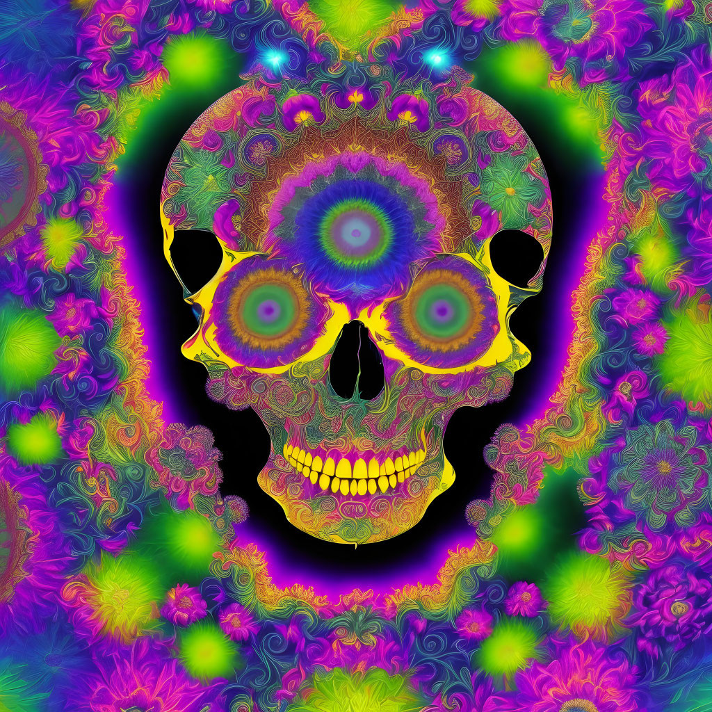 Colorful Skull Digital Art in Psychedelic Fractal Patterns