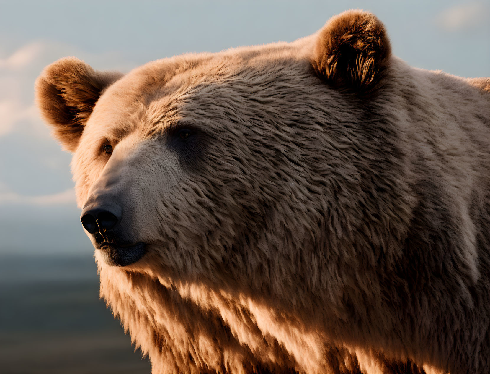 Brown bear's head in warm sunlight with fur details.