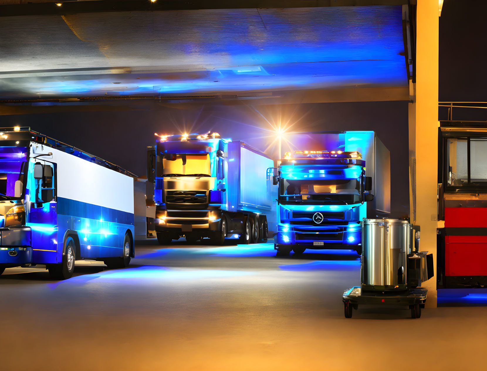 Warehouse with illuminated trucks and neon blue lights.