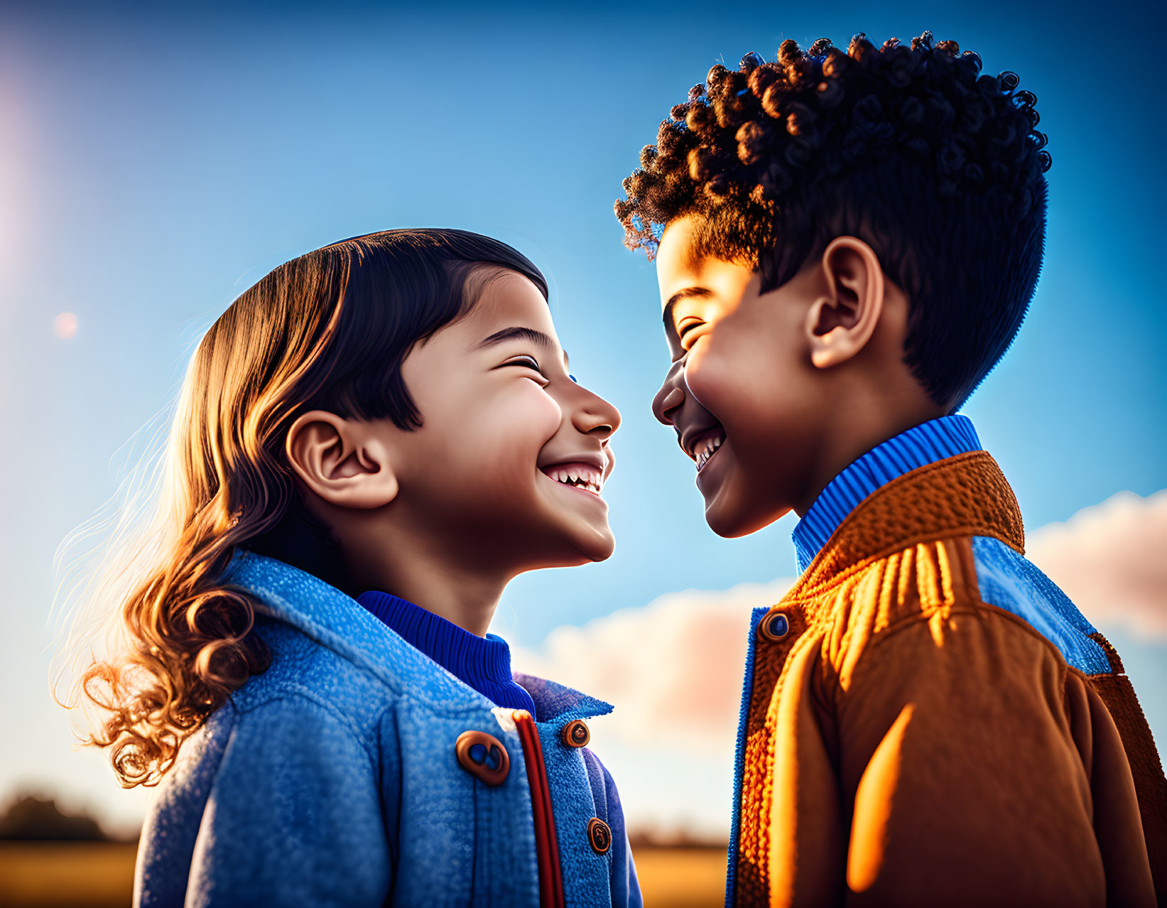 Happy children smiling under colorful sunset sky