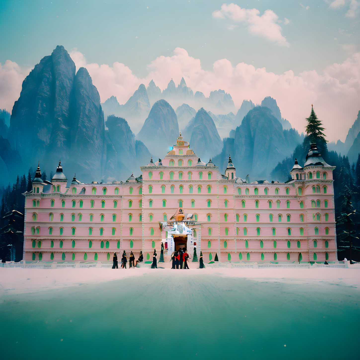 Pink palace with golden domes in mountain setting with approaching figures