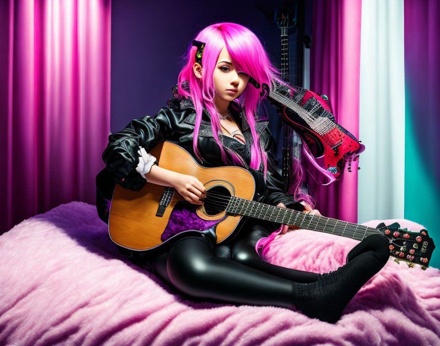 Person with pink hair playing acoustic guitar with red electric guitar and purple curtains in background.