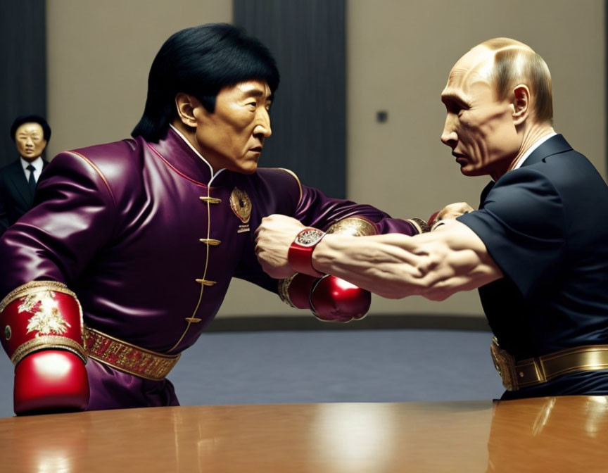 Hyperrealistic Caricature Figures in Arm Wrestling Match: Purple Outfit vs. Suit