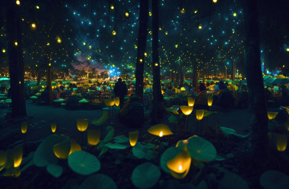 Nighttime Outdoor Dining Area with Fairy Lights and Candles