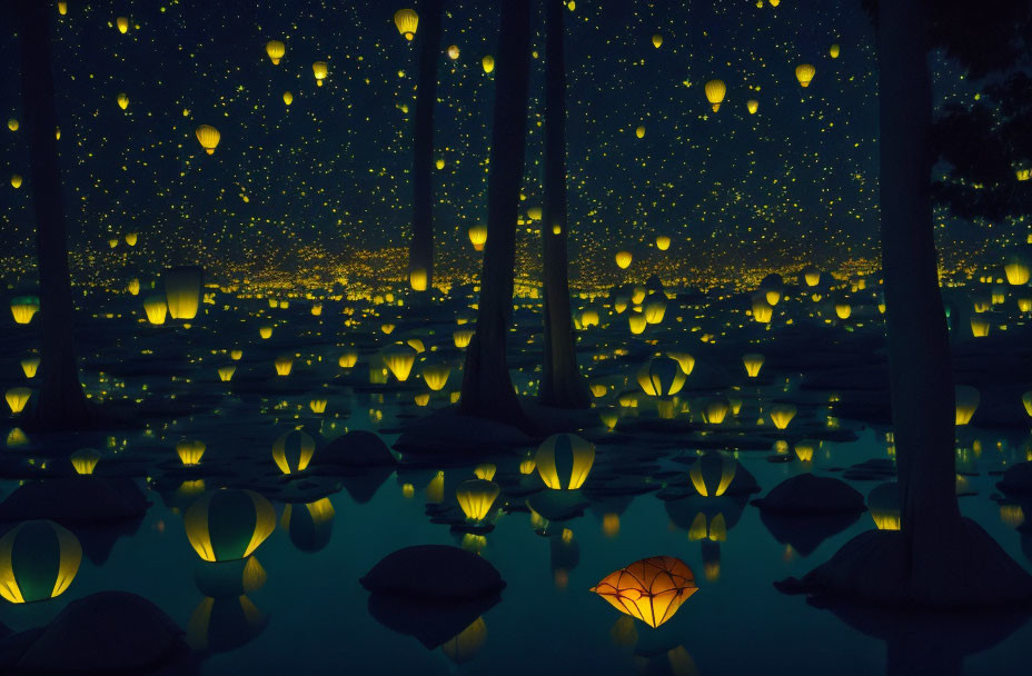 Night scene with floating lanterns illuminating dark forest and water.