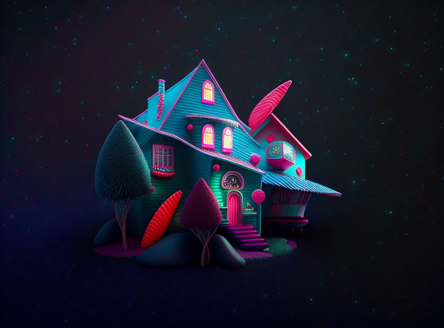 Colorful digital artwork: Whimsical house in neon hues under starlit sky