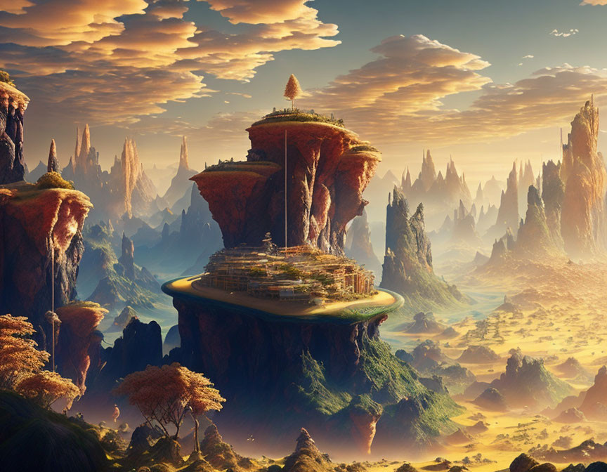 Fantastical landscape with towering rock formations and city on plateau under golden sky