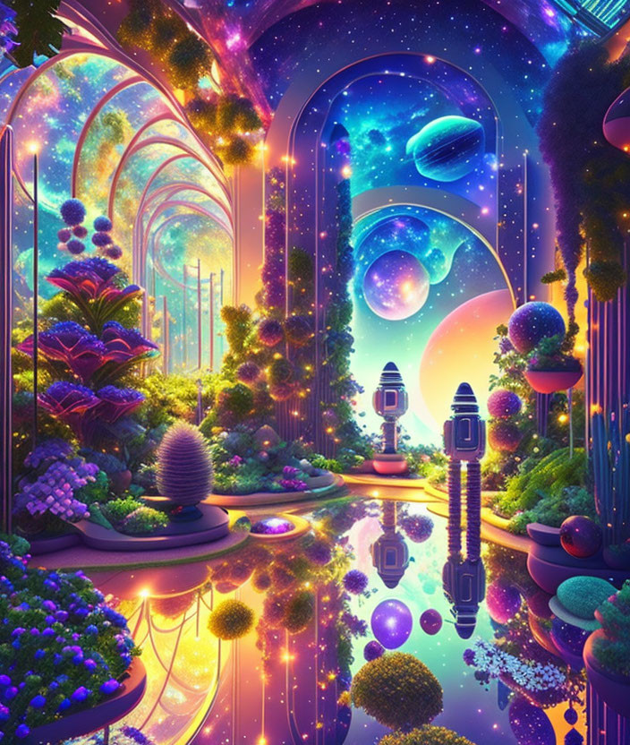 Fantastical cosmic scene with arches, planets, stars, alien flora.