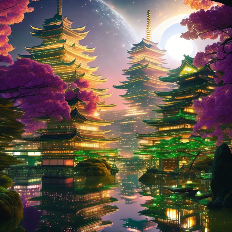 Fantastical pagoda-style structure in blossoming tree landscape under starry sky.