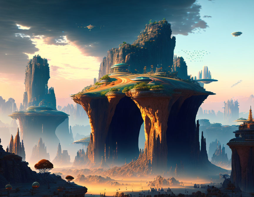 Futuristic landscape with rock formations, floating islands, and vehicles in orange and blue sky