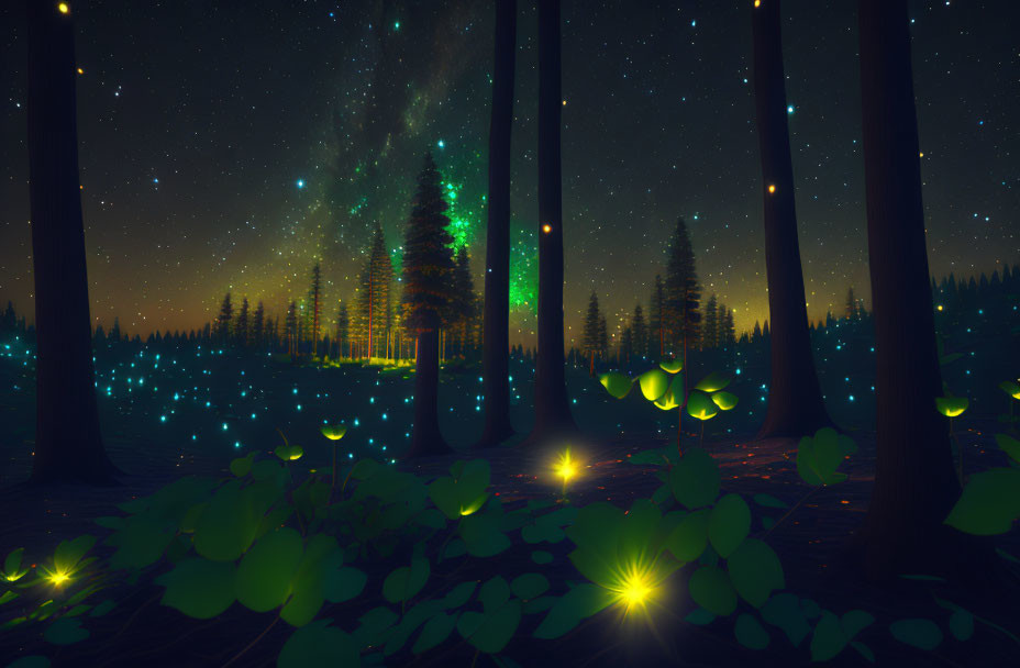 Enchanting night scene: bioluminescent plants, fireflies, starlit sky, aur