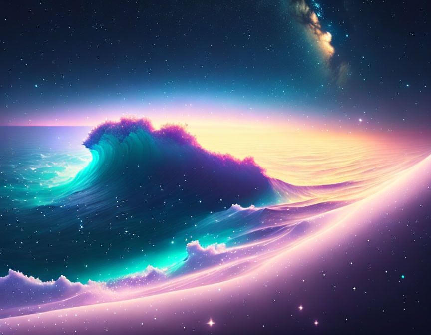 Colorful digital art: cosmic wave merging ocean and space