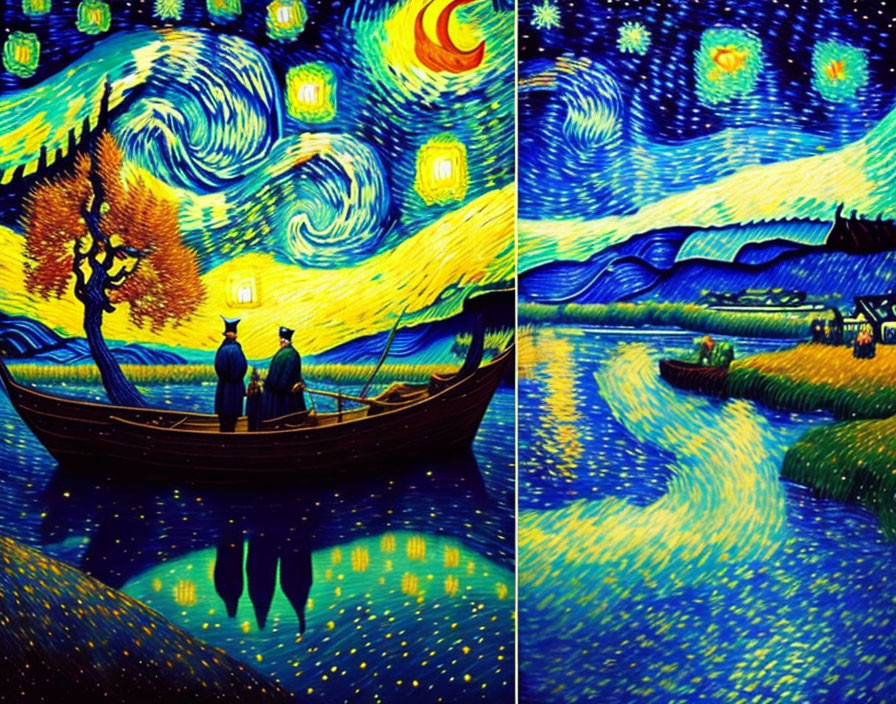 Colorful Diptych: Figures in Boat under Starry Sky & Night River Scene