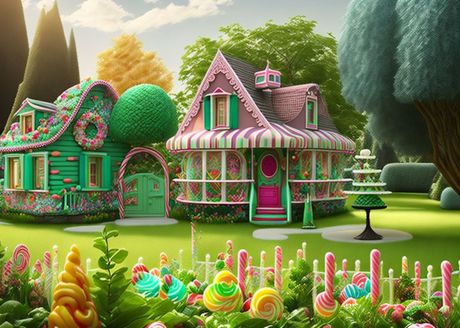 Whimsical candy-themed cottage in lush garden with topiary trees and vibrant flowers