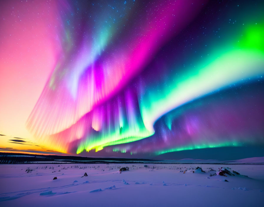 Colorful aurora borealis over snowy landscape at twilight