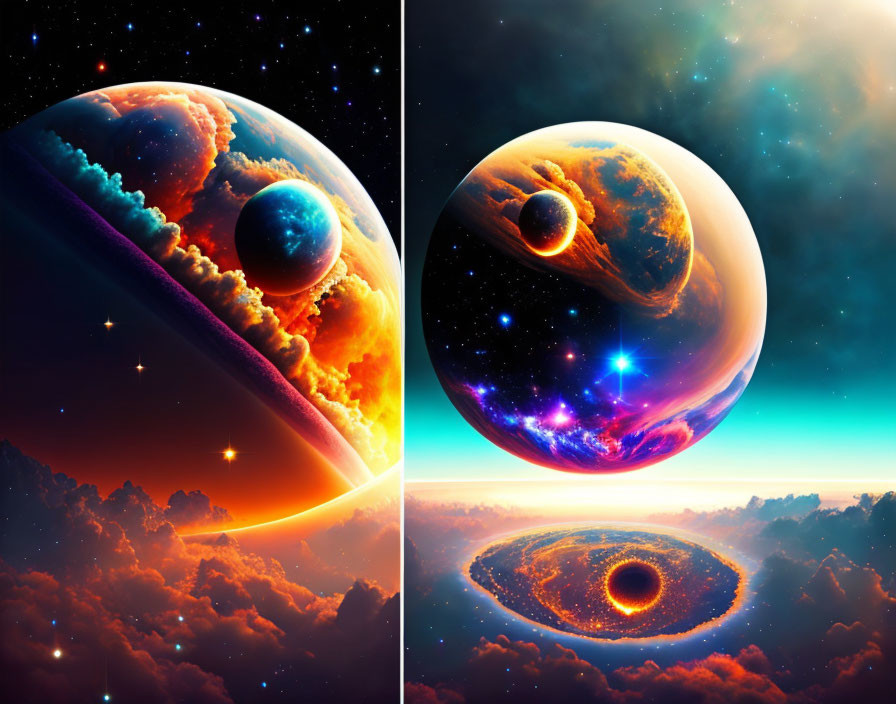 Celestial collage: planets, starry sky, black hole, cosmic colors