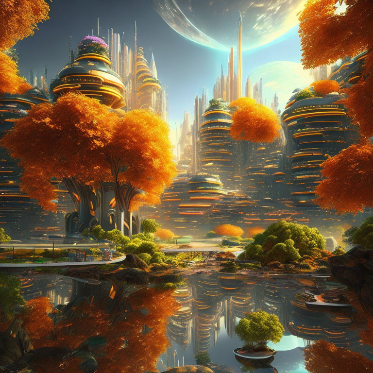 Futuristic cityscape with skyscrapers, orange trees, water reflections, and distant planet.