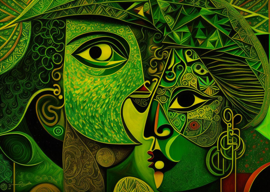 Abstract painting of two stylized faces with intricate patterns and a shared eye in green and yellow tones