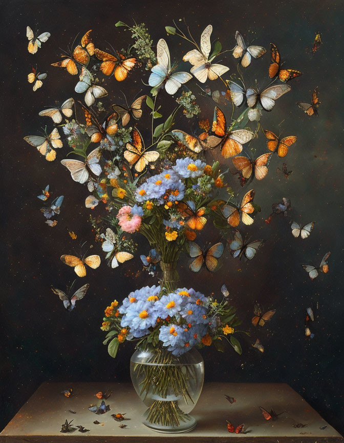 Classic still life painting with vase, flowers, and butterflies on dark backdrop